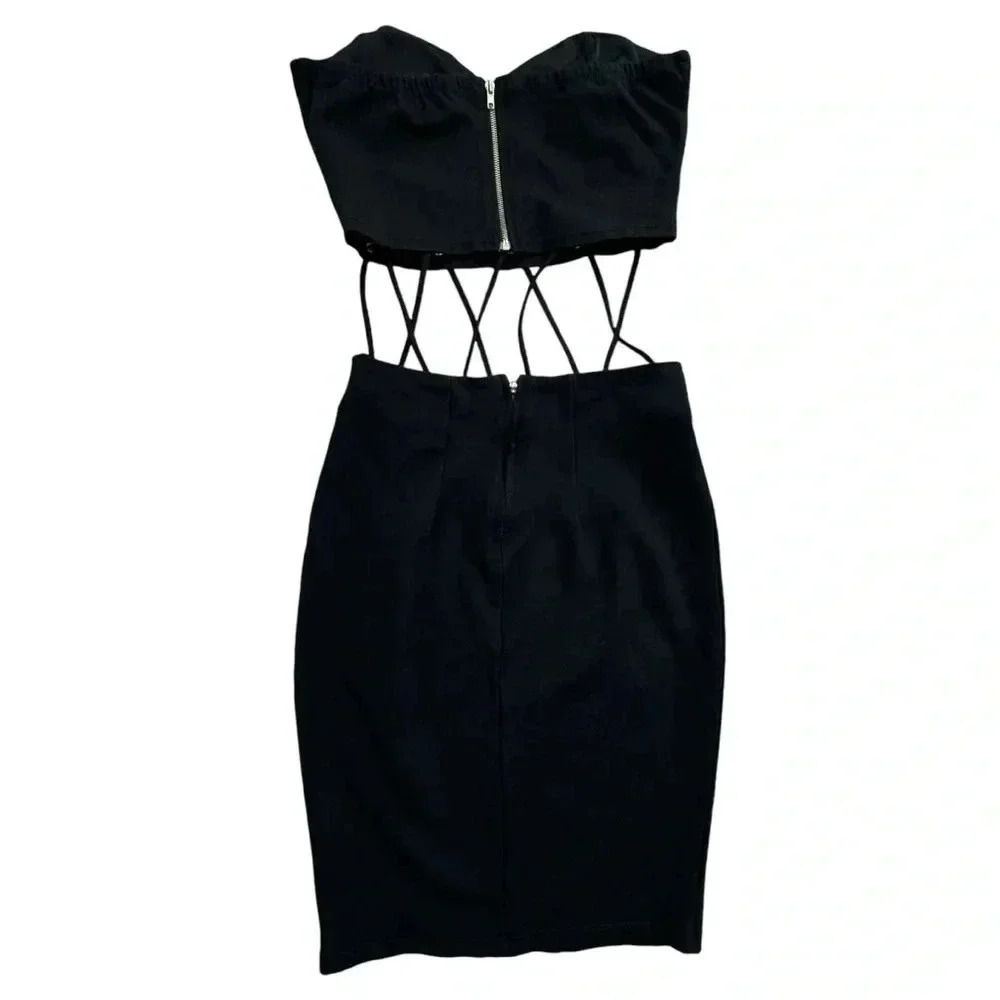 Black Mini Cut Out Detail Dress Tub Top Fitted Skirt bodycon, Sexy, Medium - Picture 2 of 12